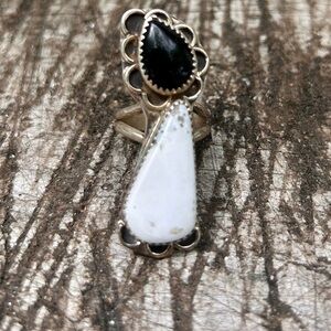 SOLD Vintage Navajo Black Onyx and White Buffalo Teardrop Ring Sterling